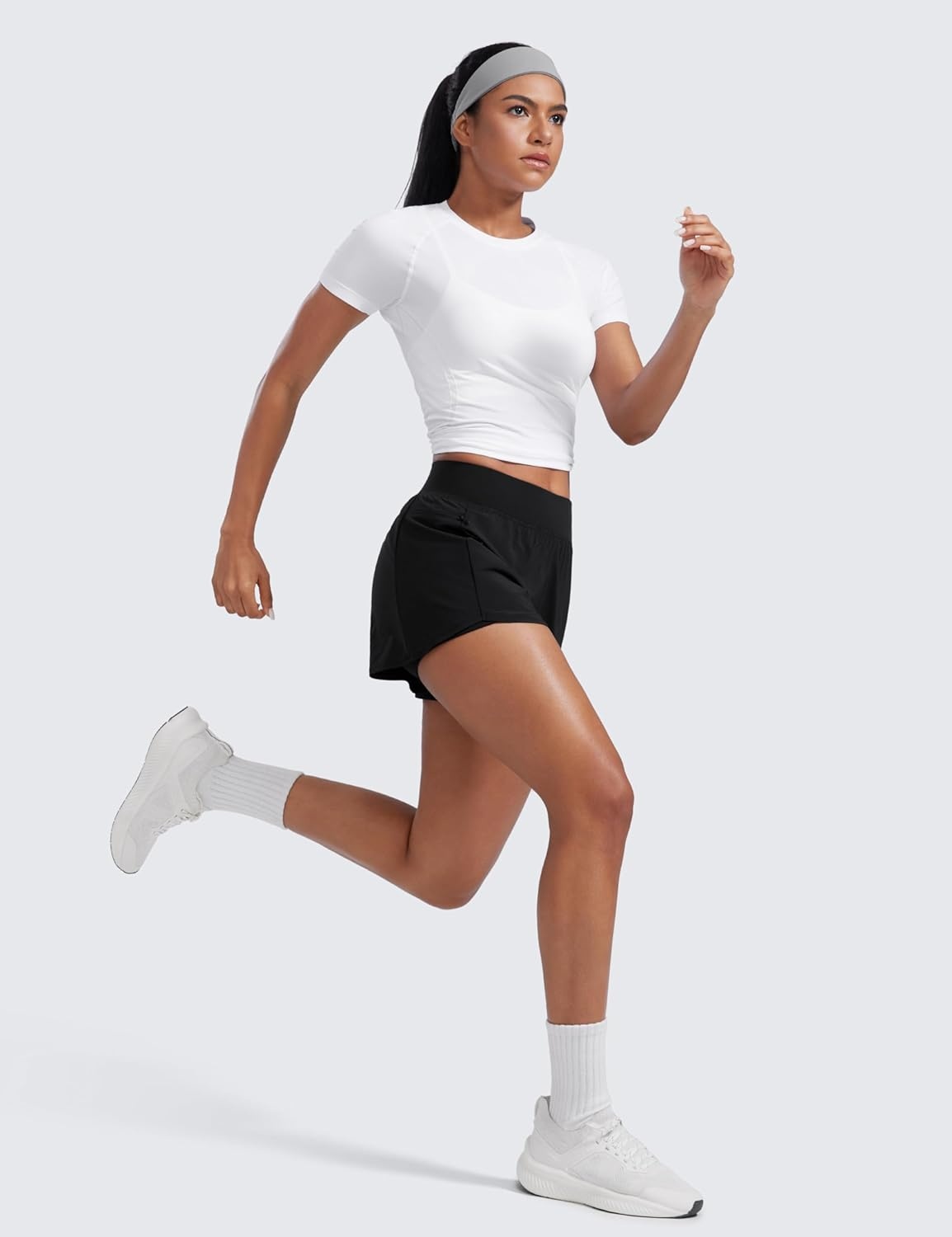 image:imageCRZ YOGA 2 in 1 Double Layer Running Shorts for Women 3 High Waisted for Athletic Tennis Workout with Zip PocketsBlack