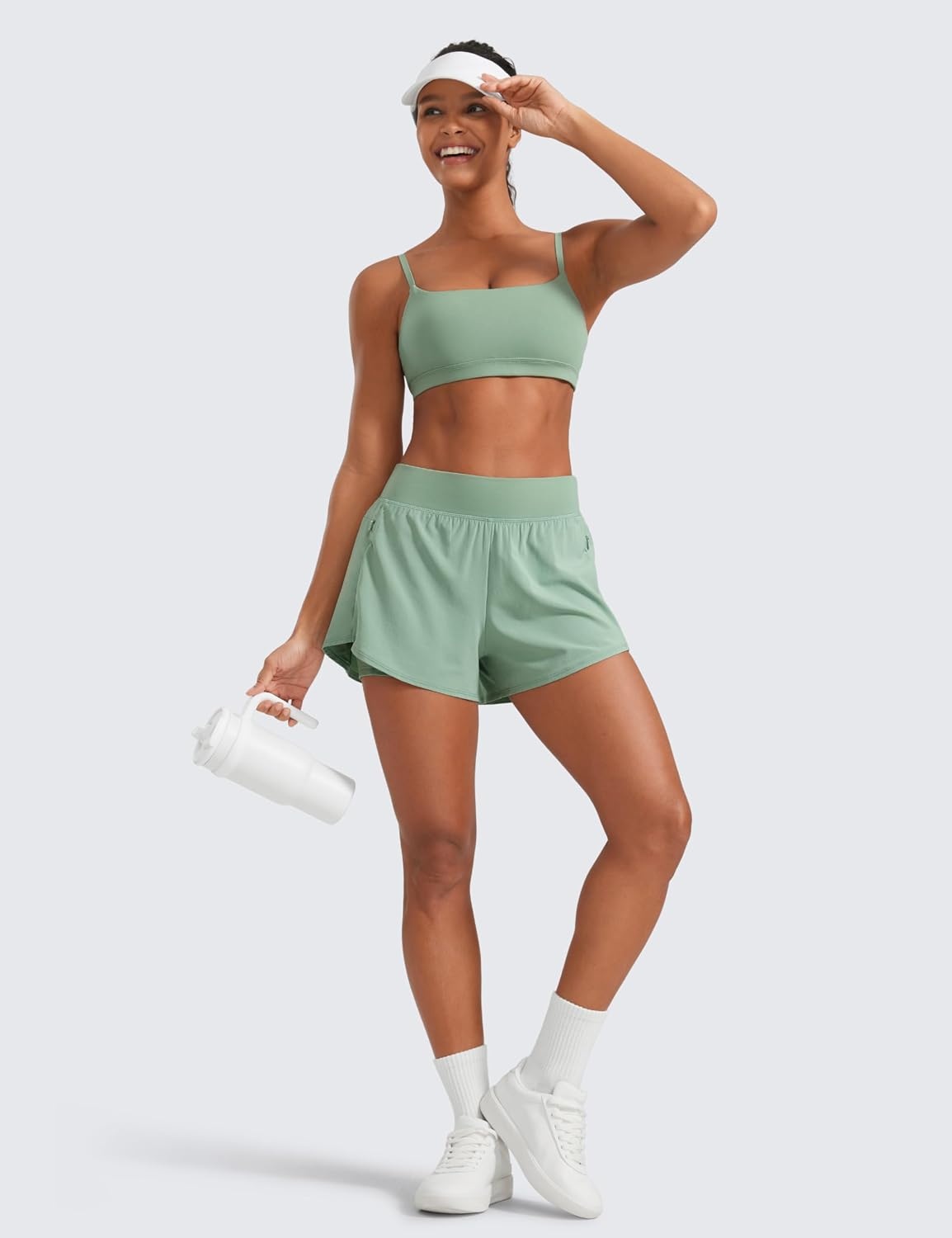 image:imageCRZ YOGA 2 in 1 Double Layer Running Shorts for Women 3 High Waisted for Athletic Tennis Workout with Zip PocketsGreen Palm Court