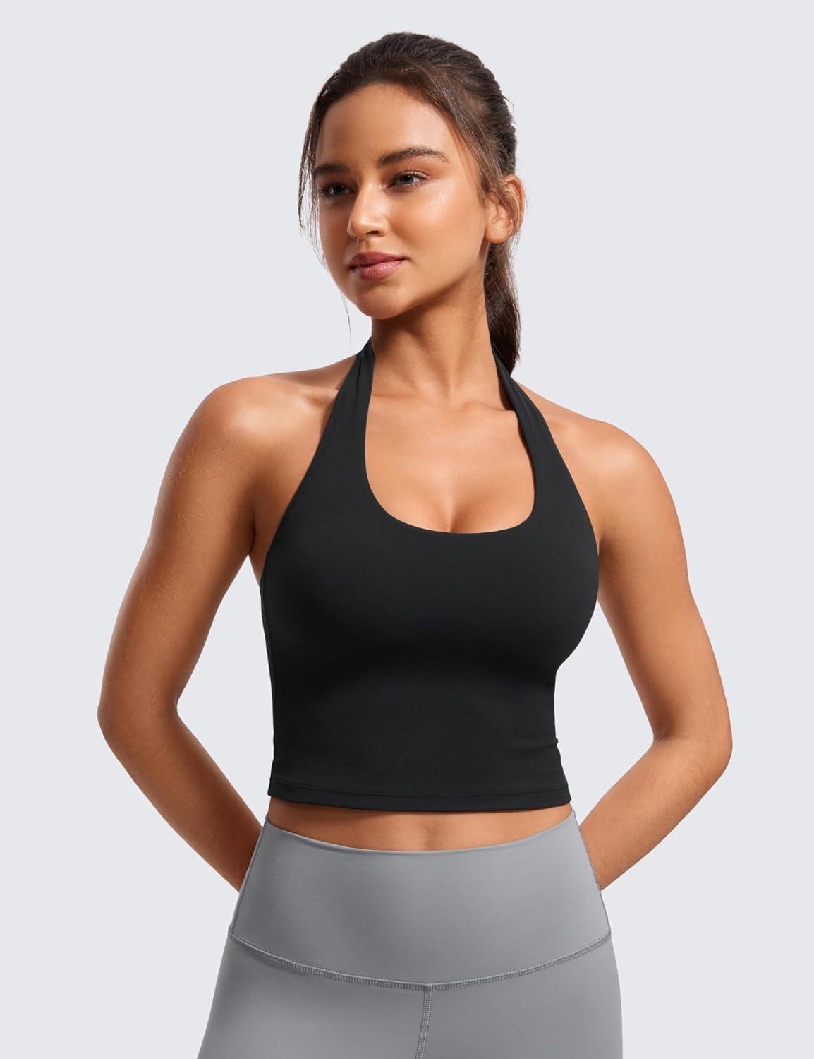 image:imageCRZ YOGA Butterluxe Halter Crop Tank Tops for Women Open Back Padded Longline Sports Bras Workout GymBlack