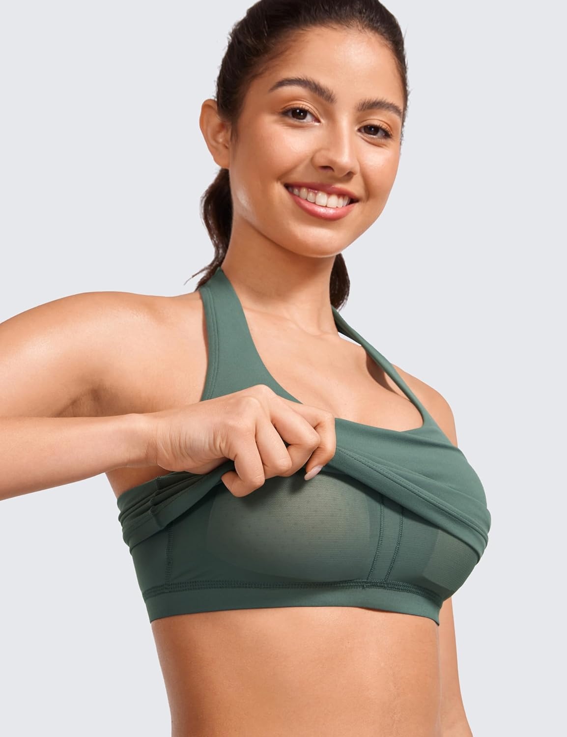 image:imageCRZ YOGA Butterluxe Halter Crop Tank Tops for Women Open Back Padded Longline Sports Bras Workout GymDark Forest Green