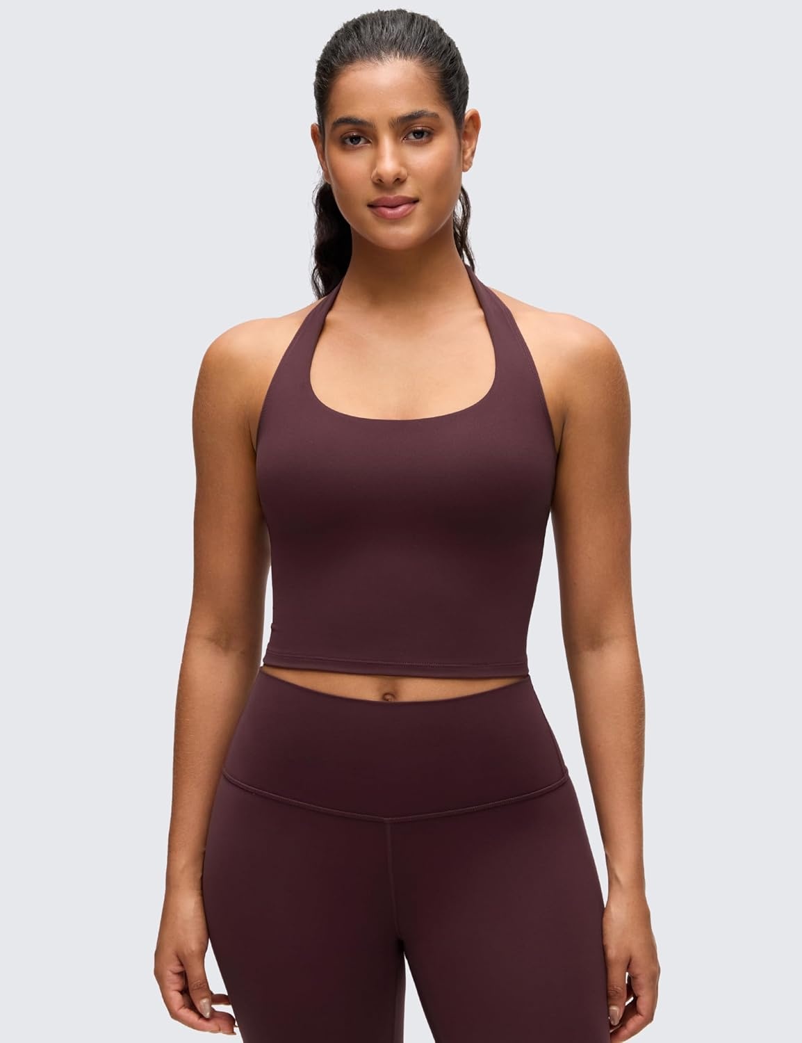 image:imageCRZ YOGA Butterluxe Halter Crop Tank Tops for Women Open Back Padded Longline Sports Bras Workout GymRipe Plum