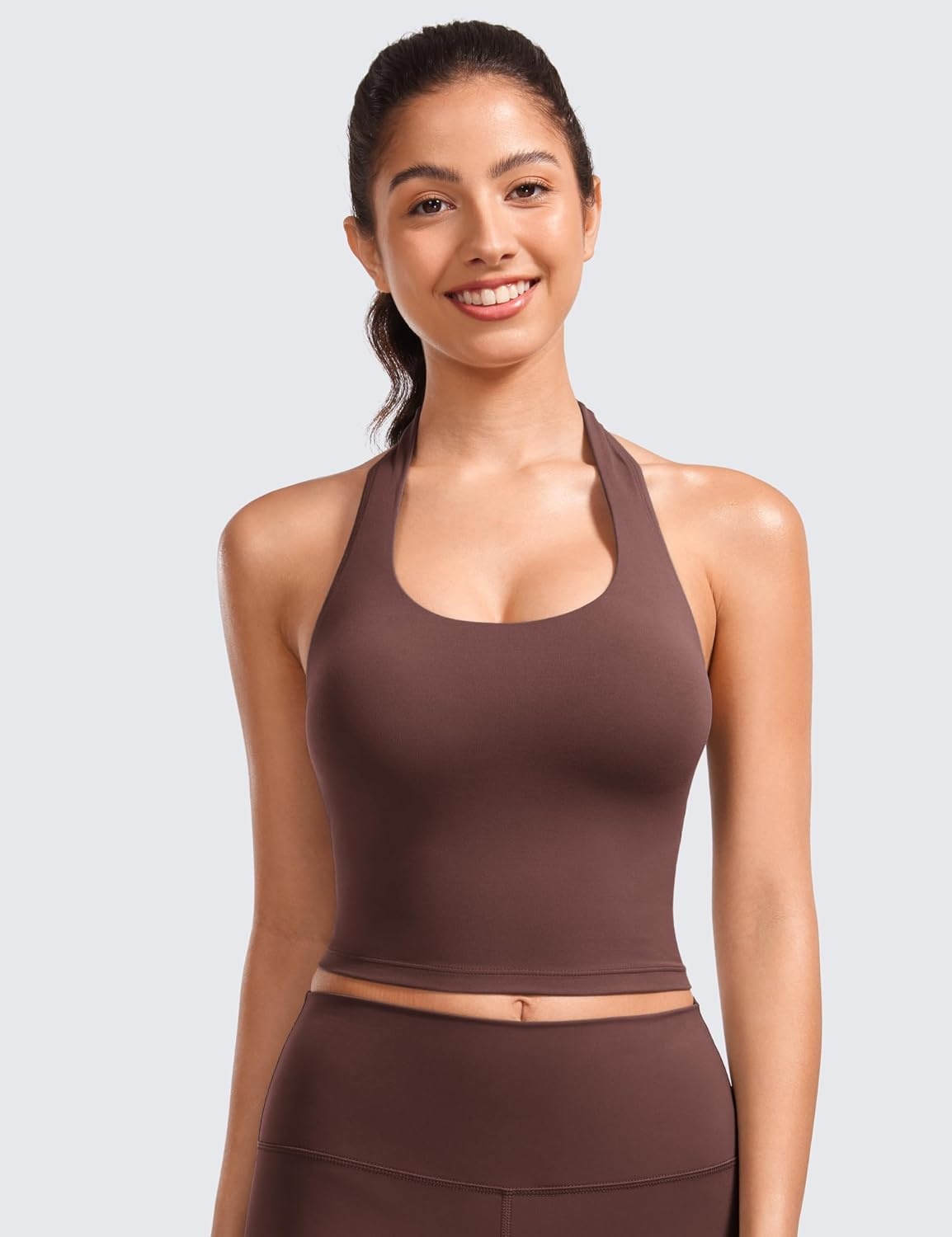 image:imageCRZ YOGA Butterluxe Halter Crop Tank Tops for Women Open Back Padded Longline Sports Bras Workout GymTaupe