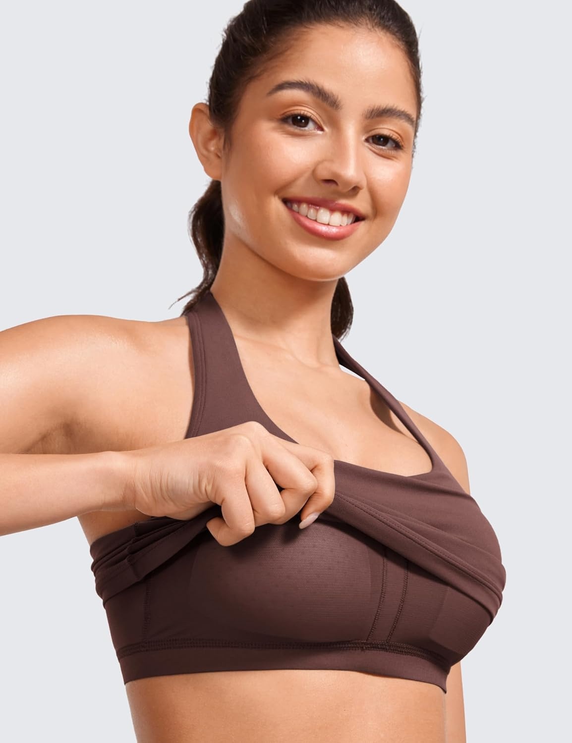 image:imageCRZ YOGA Butterluxe Halter Crop Tank Tops for Women Open Back Padded Longline Sports Bras Workout GymTaupe
