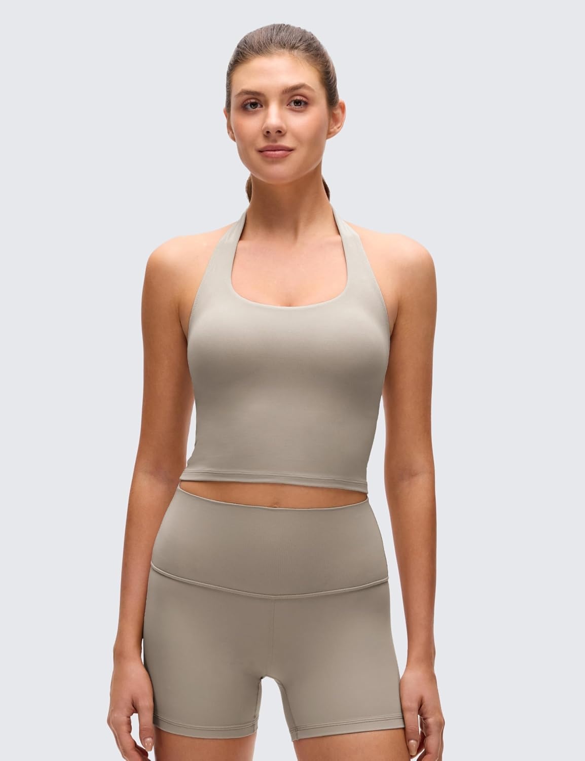 image:imageCRZ YOGA Butterluxe Halter Crop Tank Tops for Women Open Back Padded Longline Sports Bras Workout GymWarm Ash Grey