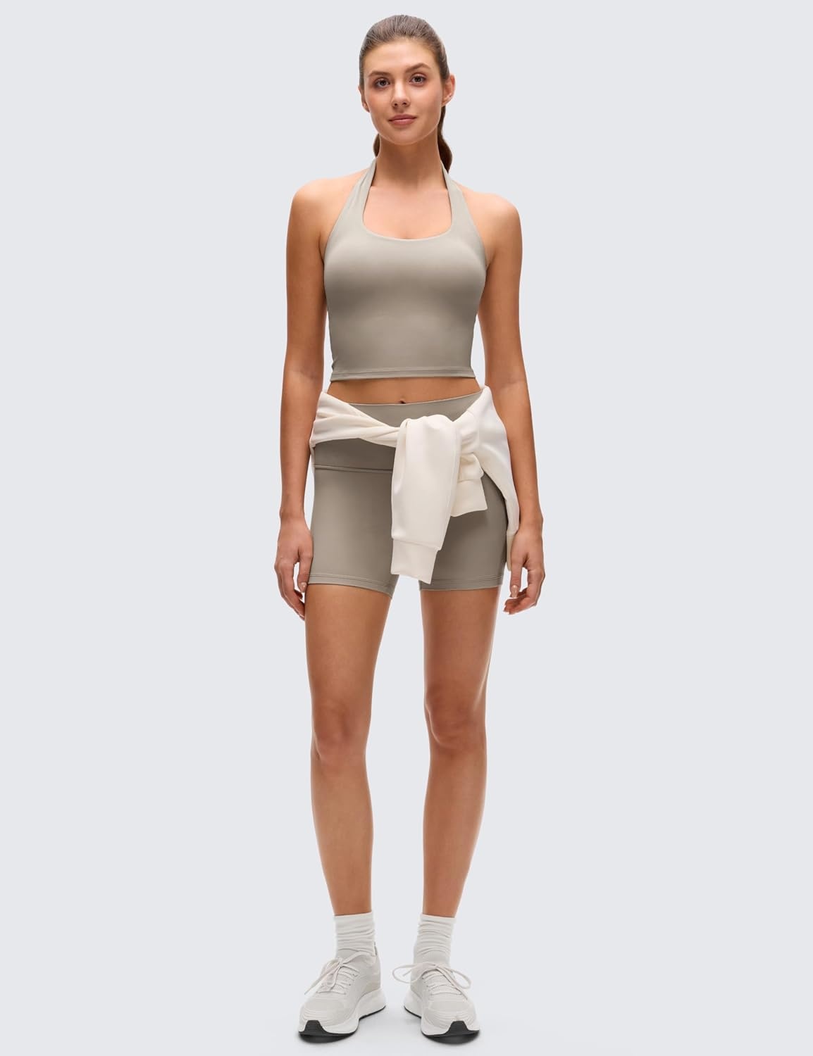 image:imageCRZ YOGA Butterluxe Halter Crop Tank Tops for Women Open Back Padded Longline Sports Bras Workout GymWarm Ash Grey