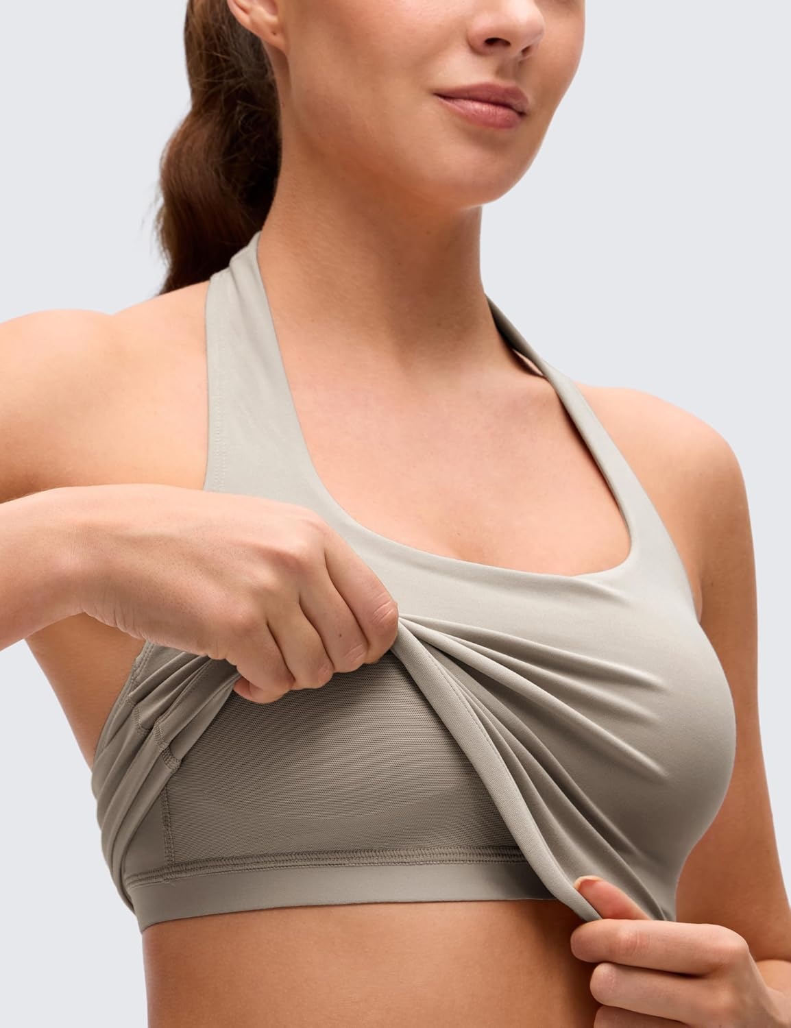 image:imageCRZ YOGA Butterluxe Halter Crop Tank Tops for Women Open Back Padded Longline Sports Bras Workout GymWarm Ash Grey