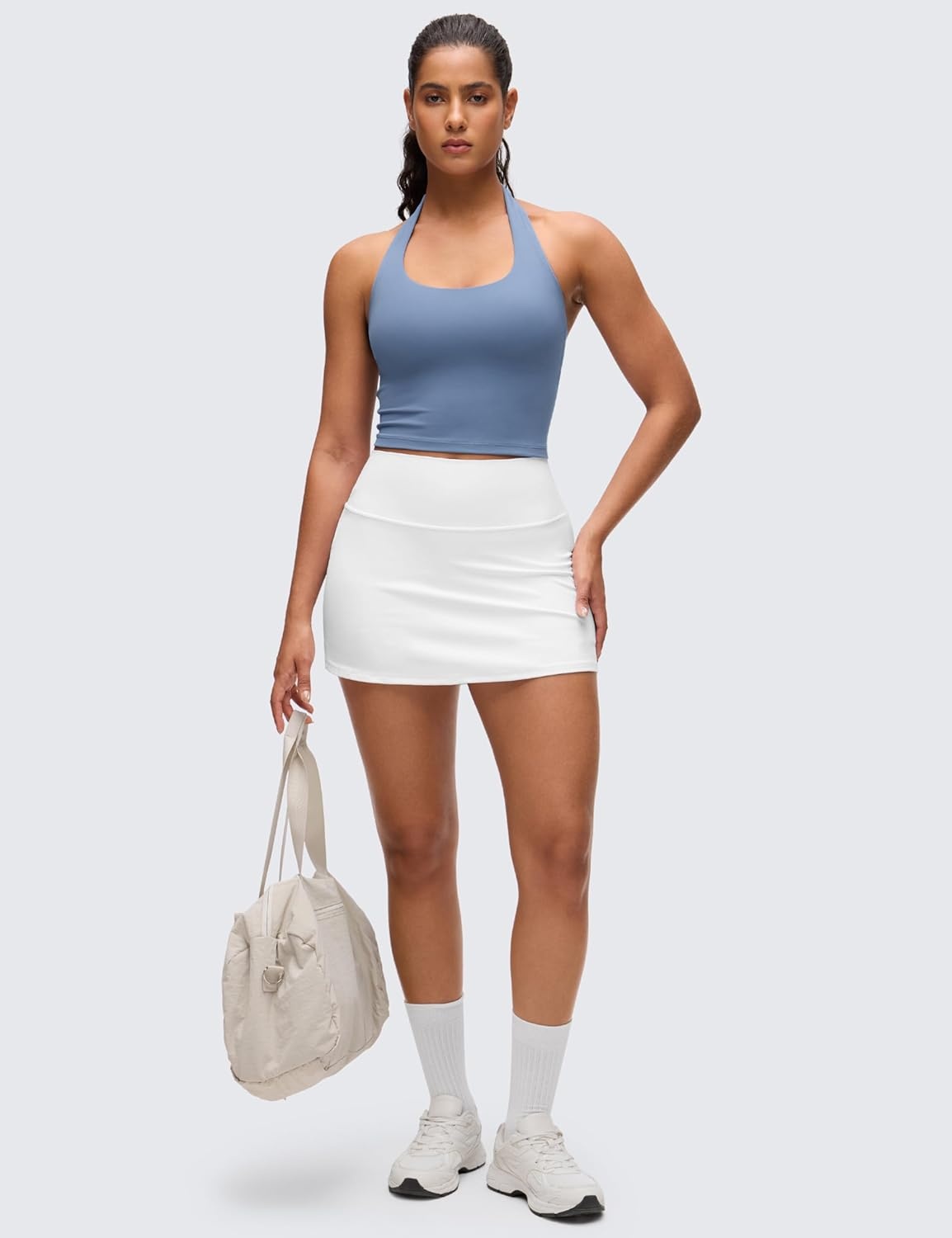 image:imageCRZ YOGA Butterluxe Halter Crop Tank Tops for Women Open Back Padded Longline Sports Bras Workout GymWashed Denim