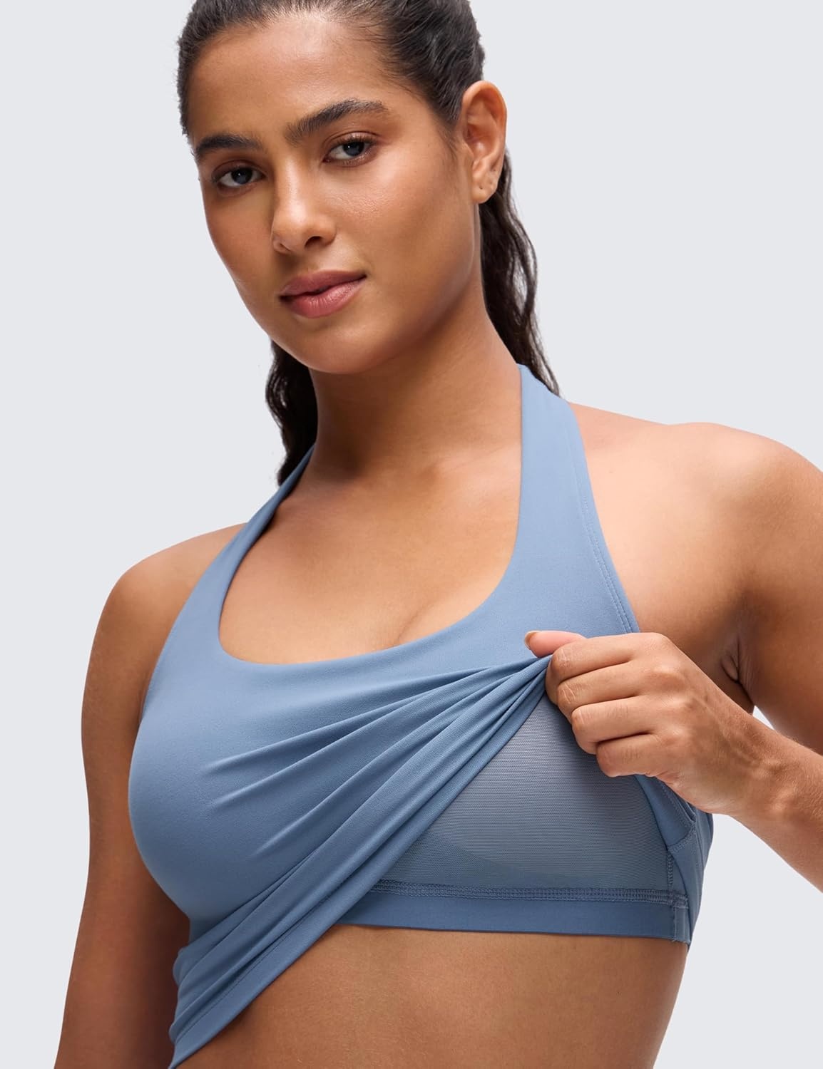 image:imageCRZ YOGA Butterluxe Halter Crop Tank Tops for Women Open Back Padded Longline Sports Bras Workout GymWashed Denim