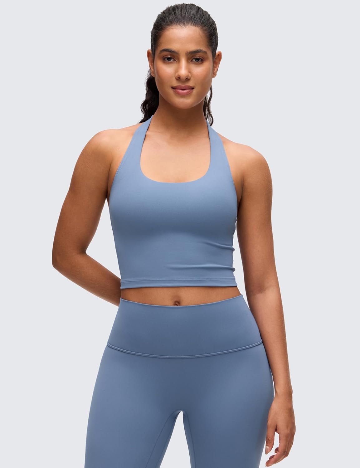 image:imageCRZ YOGA Butterluxe Halter Crop Tank Tops for Women Open Back Padded Longline Sports Bras Workout GymWashed Denim