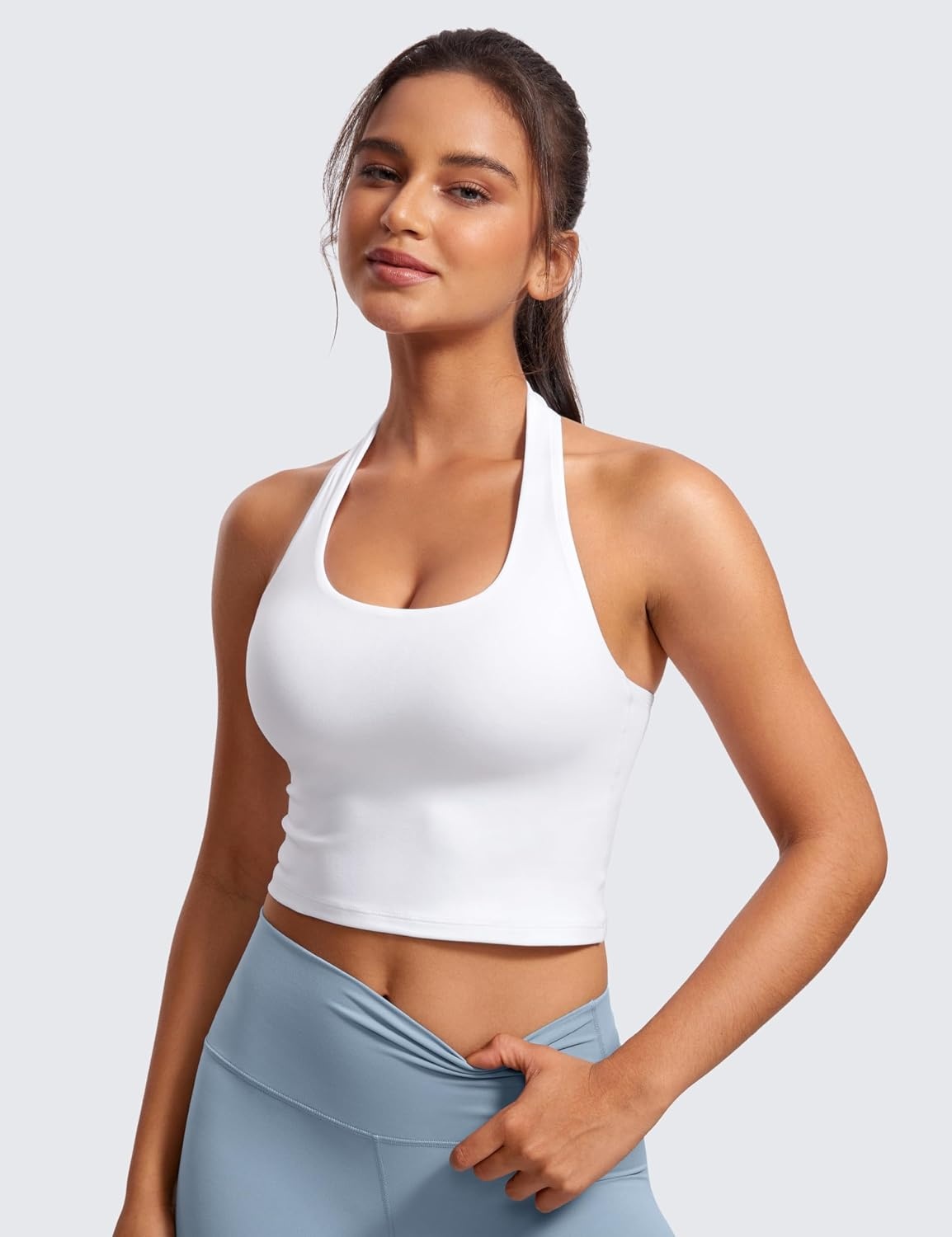 image:imageCRZ YOGA Butterluxe Halter Crop Tank Tops for Women Open Back Padded Longline Sports Bras Workout GymWhite