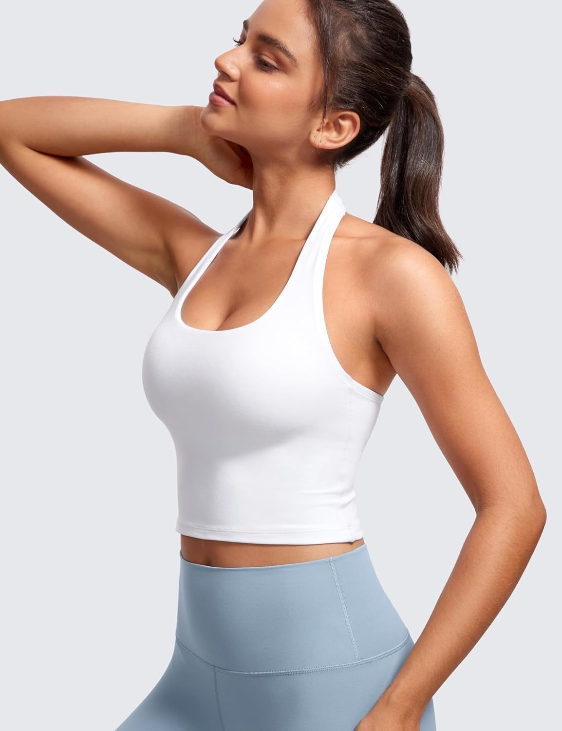 image:imageCRZ YOGA Butterluxe Halter Crop Tank Tops for Women Open Back Padded Longline Sports Bras Workout GymWhite