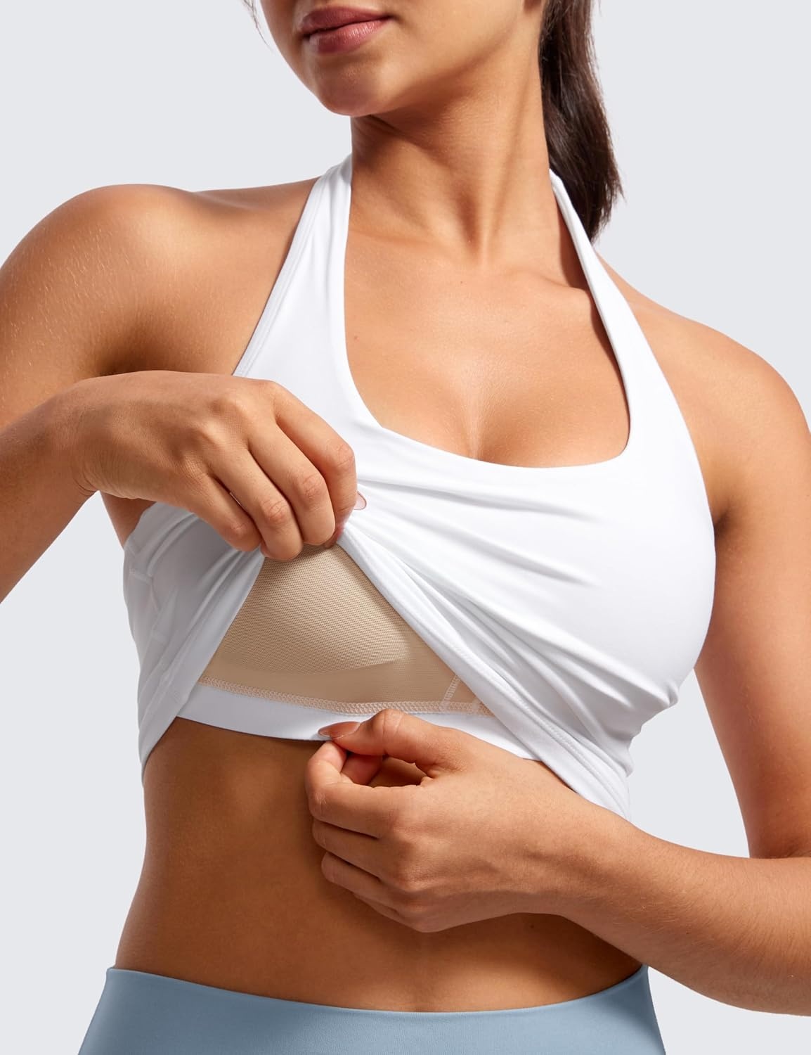 image:imageCRZ YOGA Butterluxe Halter Crop Tank Tops for Women Open Back Padded Longline Sports Bras Workout GymWhite