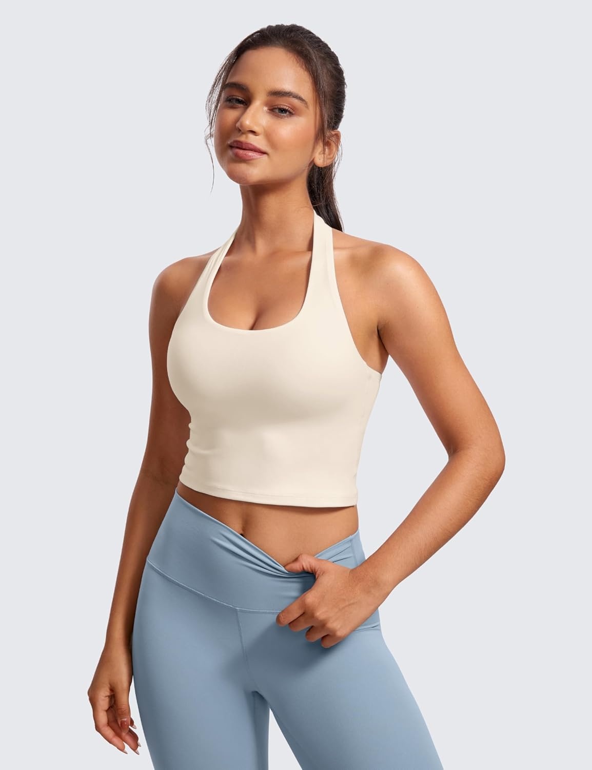 image:imageCRZ YOGA Butterluxe Halter Crop Tank Tops for Women Open Back Padded Longline Sports Bras Workout GymWhite Apricot