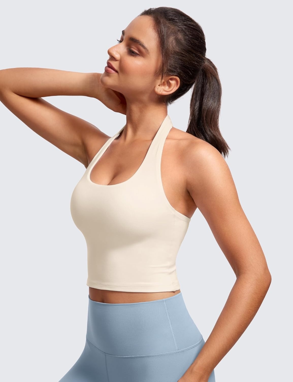 image:imageCRZ YOGA Butterluxe Halter Crop Tank Tops for Women Open Back Padded Longline Sports Bras Workout GymWhite Apricot
