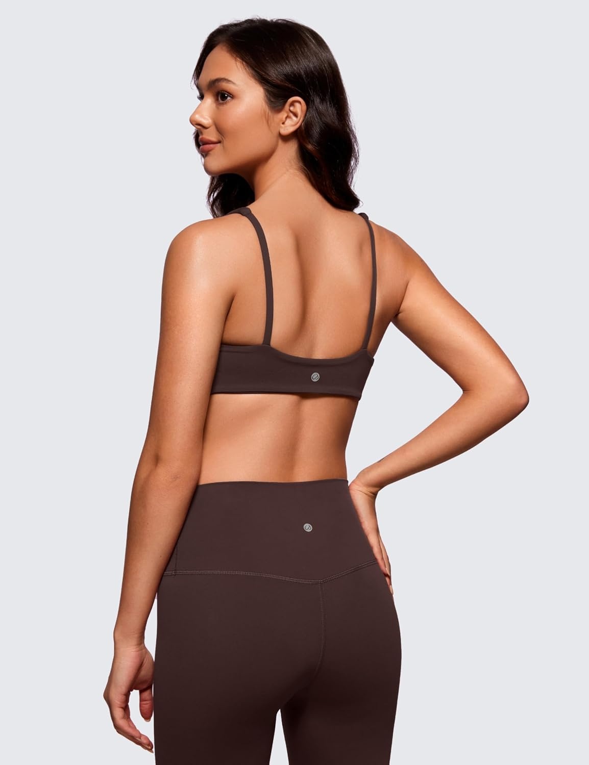 image:imageCRZ YOGA Butterluxe Square Neck Spaghetti Strap Sports Bras for Women Low Coverage Yoga Wireless Padded Cami Crop TopHot Fudge Brown