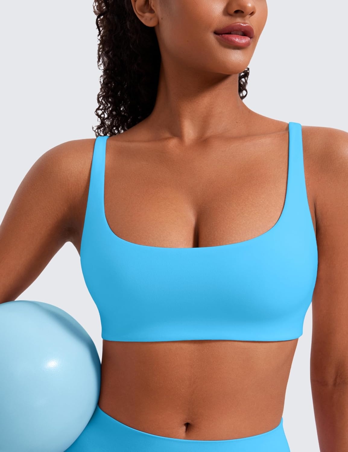 image:imageCRZ YOGA Butterluxe Square Neck Spaghetti Strap Sports Bras for Women Low Coverage Yoga Wireless Padded Cami Crop TopKayak Blue