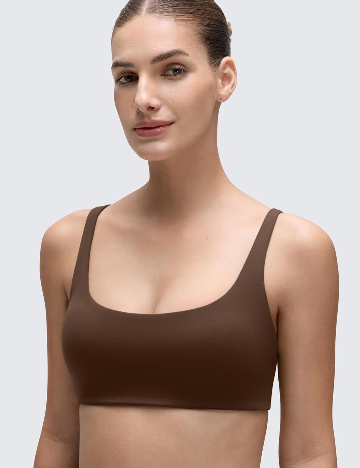 image:imageCRZ YOGA Butterluxe Square Neck Spaghetti Strap Sports Bras for Women Low Coverage Yoga Wireless Padded Cami Crop TopLava Brown