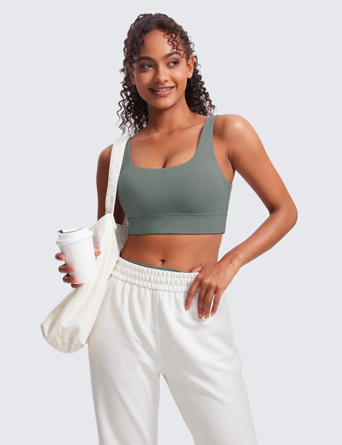 image:imageCRZ YOGA Butterluxe U Back Longline Sports Bras for Women Scoop Neck Padded Yoga Workout Crop Top with Built in PadsGrey Sage