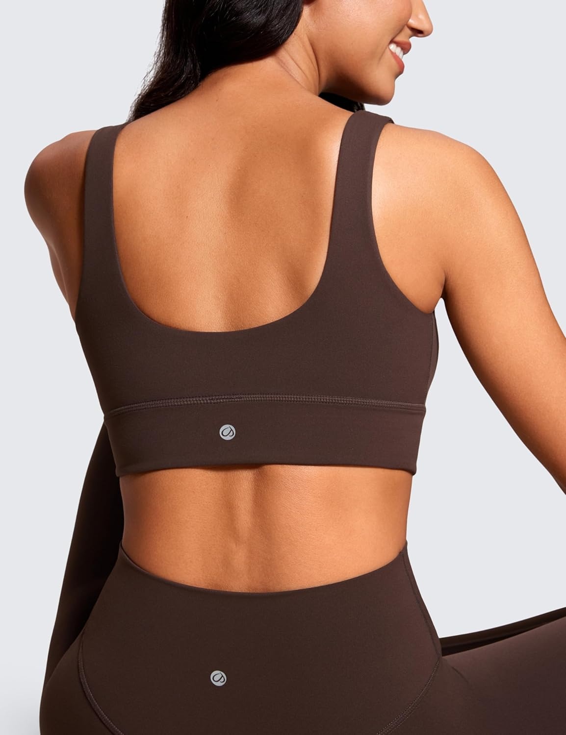 image:imageCRZ YOGA Butterluxe U Back Longline Sports Bras for Women Scoop Neck Padded Yoga Workout Crop Top with Built in PadsHot Fudge Brown