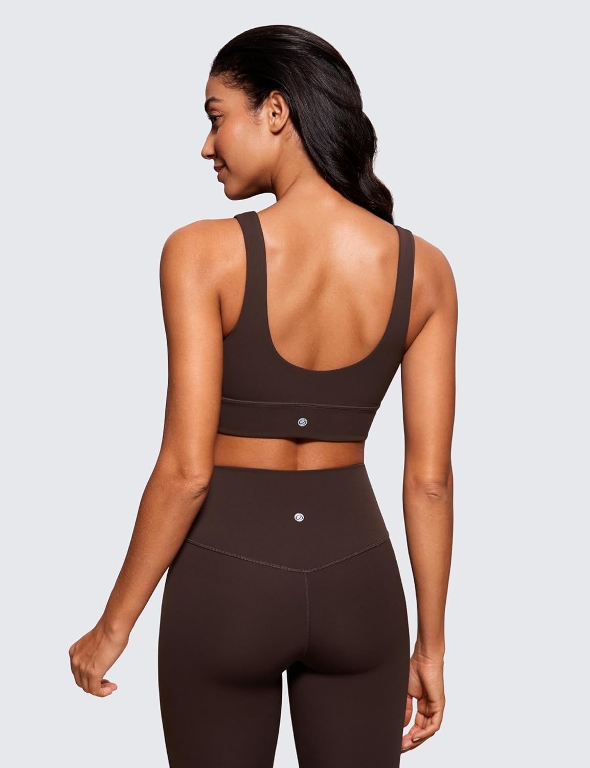 image:imageCRZ YOGA Butterluxe U Back Longline Sports Bras for Women Scoop Neck Padded Yoga Workout Crop Top with Built in PadsHot Fudge Brown