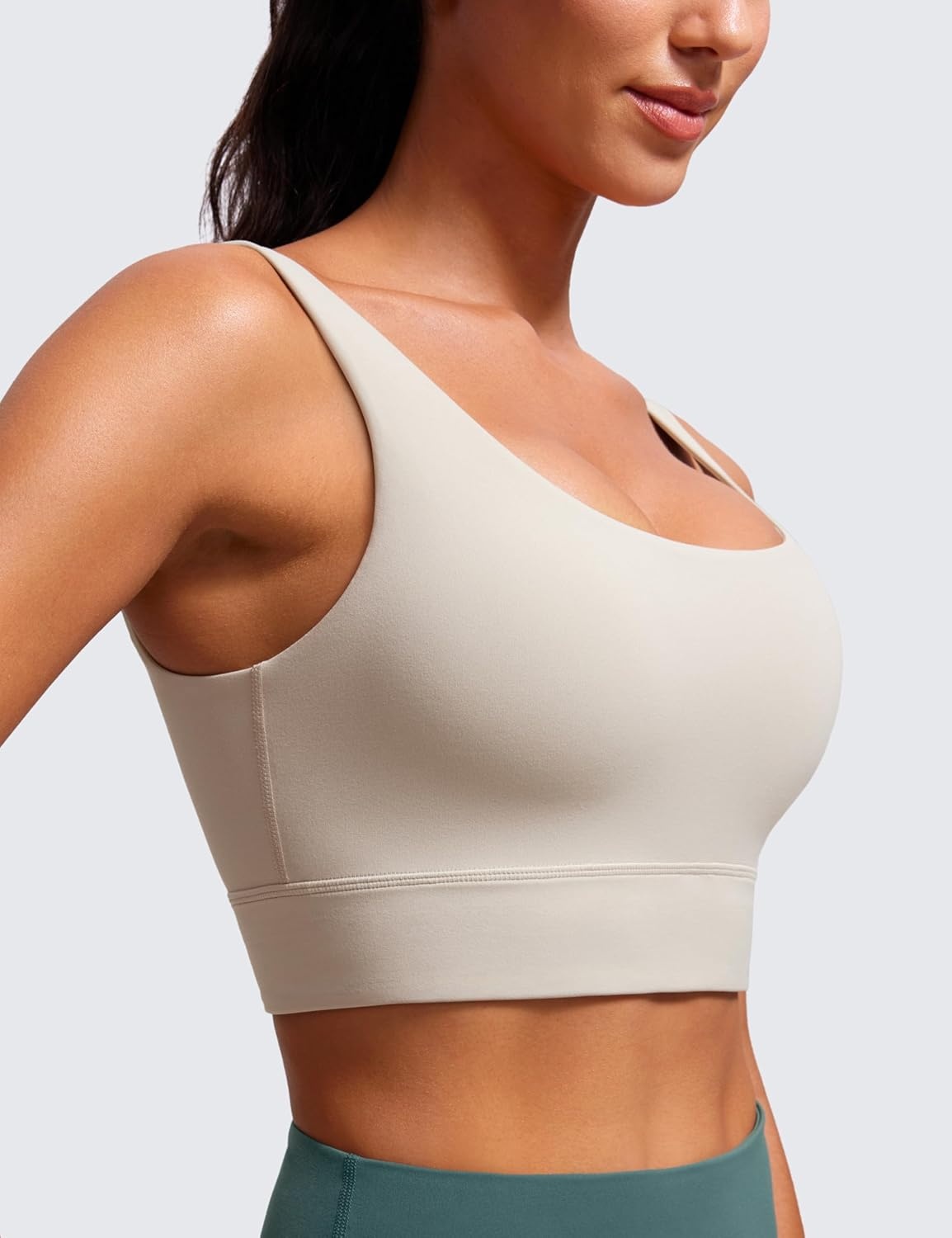 image:imageCRZ YOGA Butterluxe U Back Longline Sports Bras for Women Scoop Neck Padded Yoga Workout Crop Top with Built in PadsMojave Tan