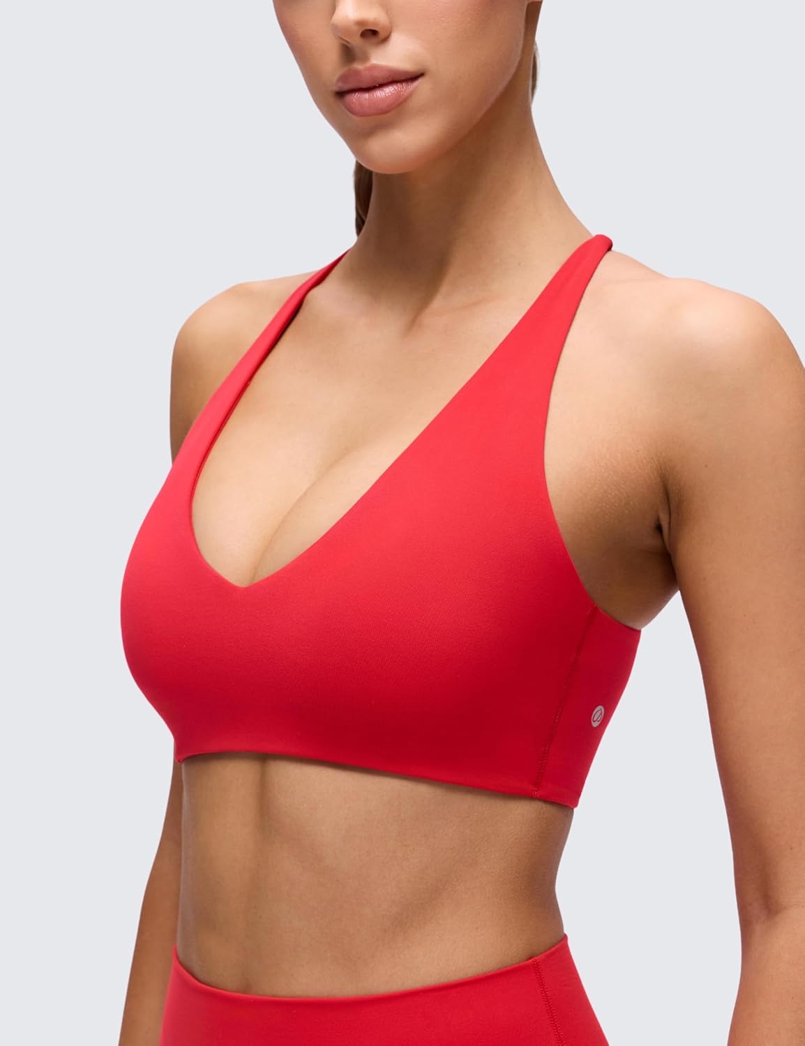image:imageCRZ YOGA Butterluxe V Neck Twist Cross Back Sports Bras for Women Adjustable Spaghetti Straps Padded Crop Yoga TopAurora Red