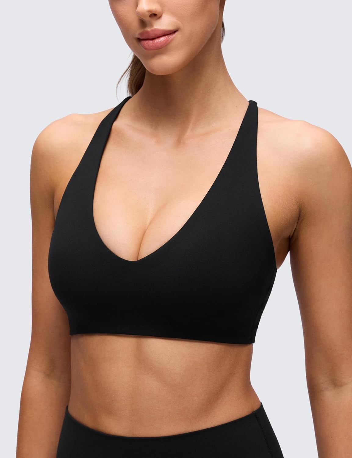 image:imageCRZ YOGA Butterluxe V Neck Twist Cross Back Sports Bras for Women Adjustable Spaghetti Straps Padded Crop Yoga TopBlack