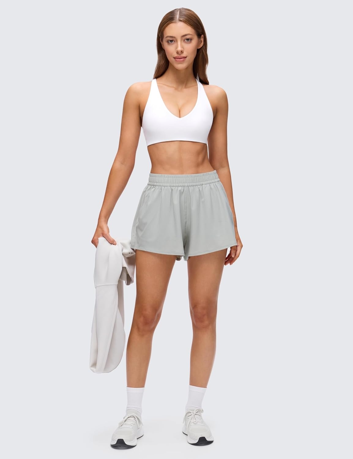 image:imageCRZ YOGA Butterluxe V Neck Twist Cross Back Sports Bras for Women Adjustable Spaghetti Straps Padded Crop Yoga TopWhite