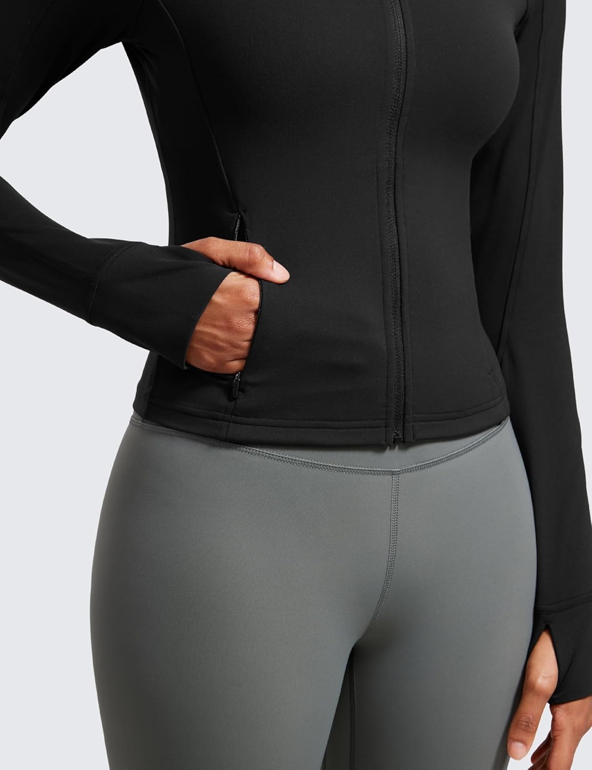 image:imageCRZ YOGA Butterluxe Waist Length Jackets for Women Full Zip Athletic Track Tops with Thumb Holes PocketsBlack