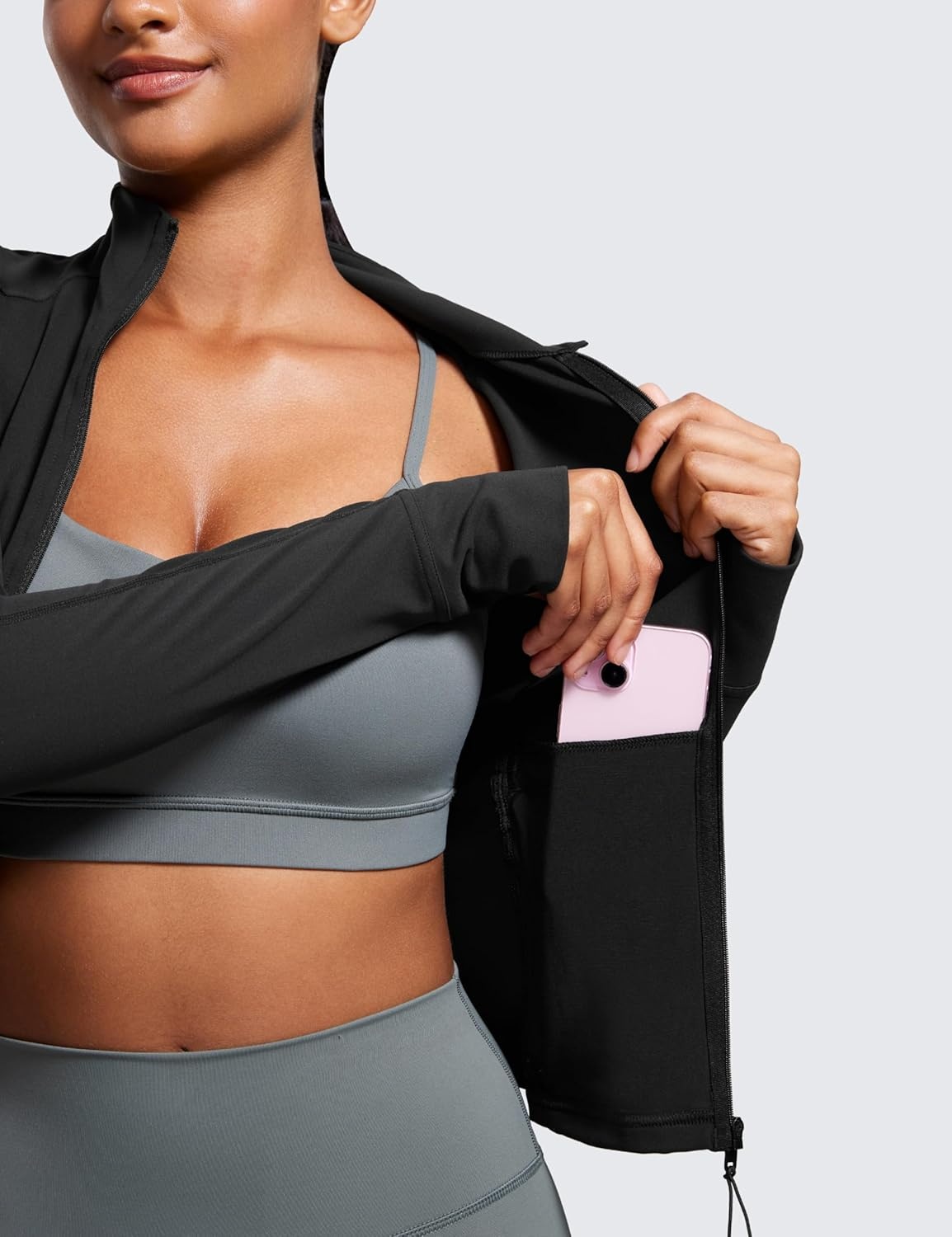 image:imageCRZ YOGA Butterluxe Waist Length Jackets for Women Full Zip Athletic Track Tops with Thumb Holes PocketsBlack