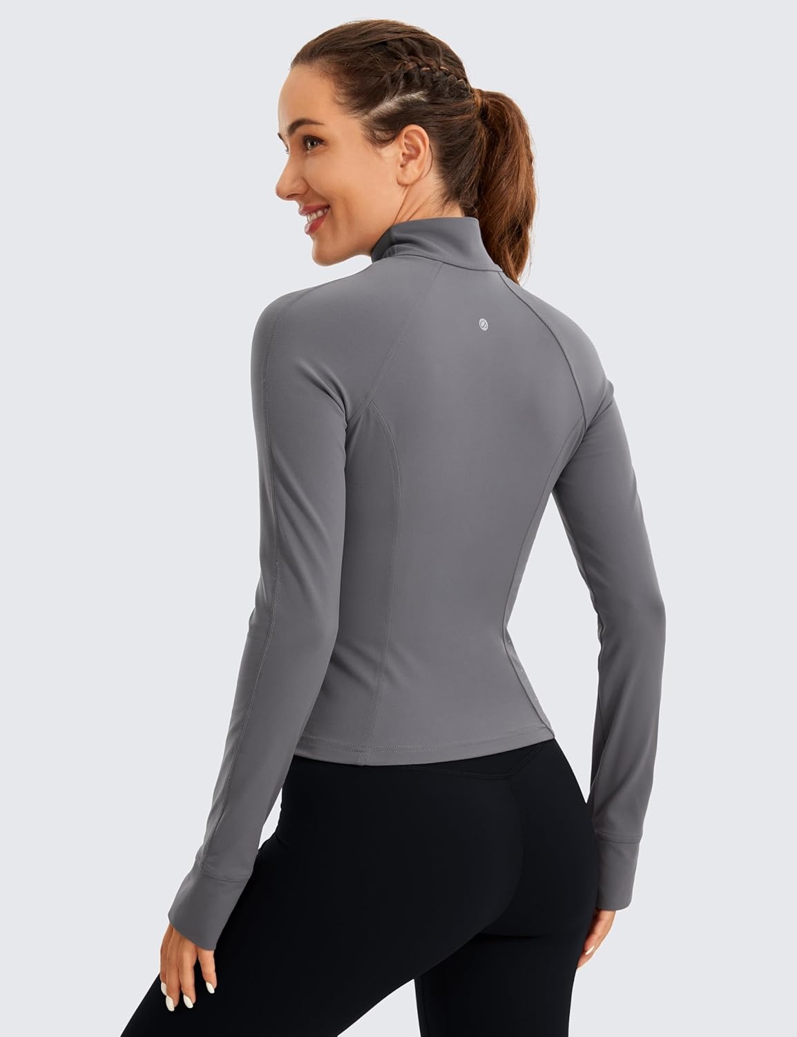 image:imageCRZ YOGA Butterluxe Waist Length Jackets for Women Full Zip Athletic Track Tops with Thumb Holes PocketsDark Carbon