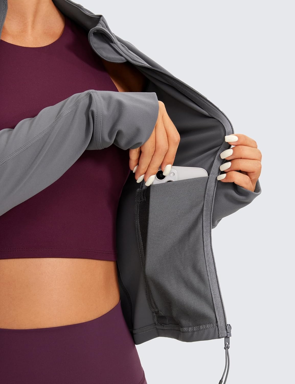 image:imageCRZ YOGA Butterluxe Waist Length Jackets for Women Full Zip Athletic Track Tops with Thumb Holes PocketsDark Carbon