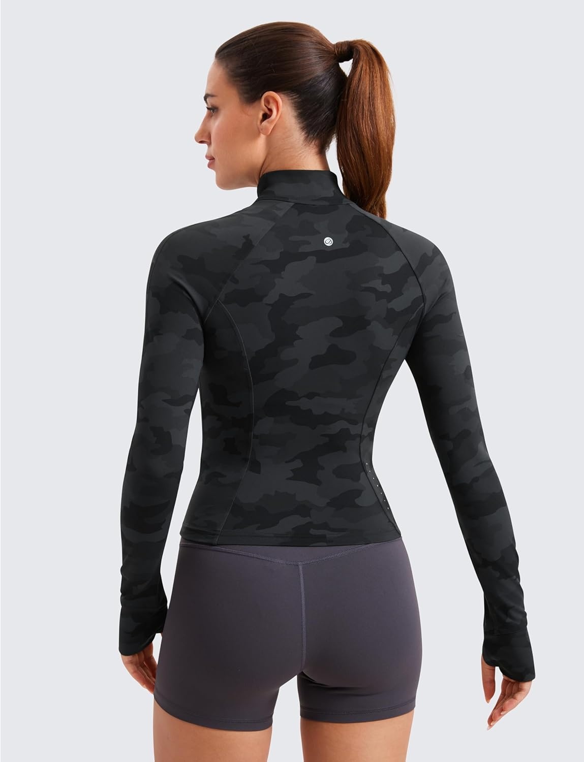 image:imageCRZ YOGA Butterluxe Waist Length Jackets for Women Full Zip Athletic Track Tops with Thumb Holes PocketsDark Grey Camouflage 2
