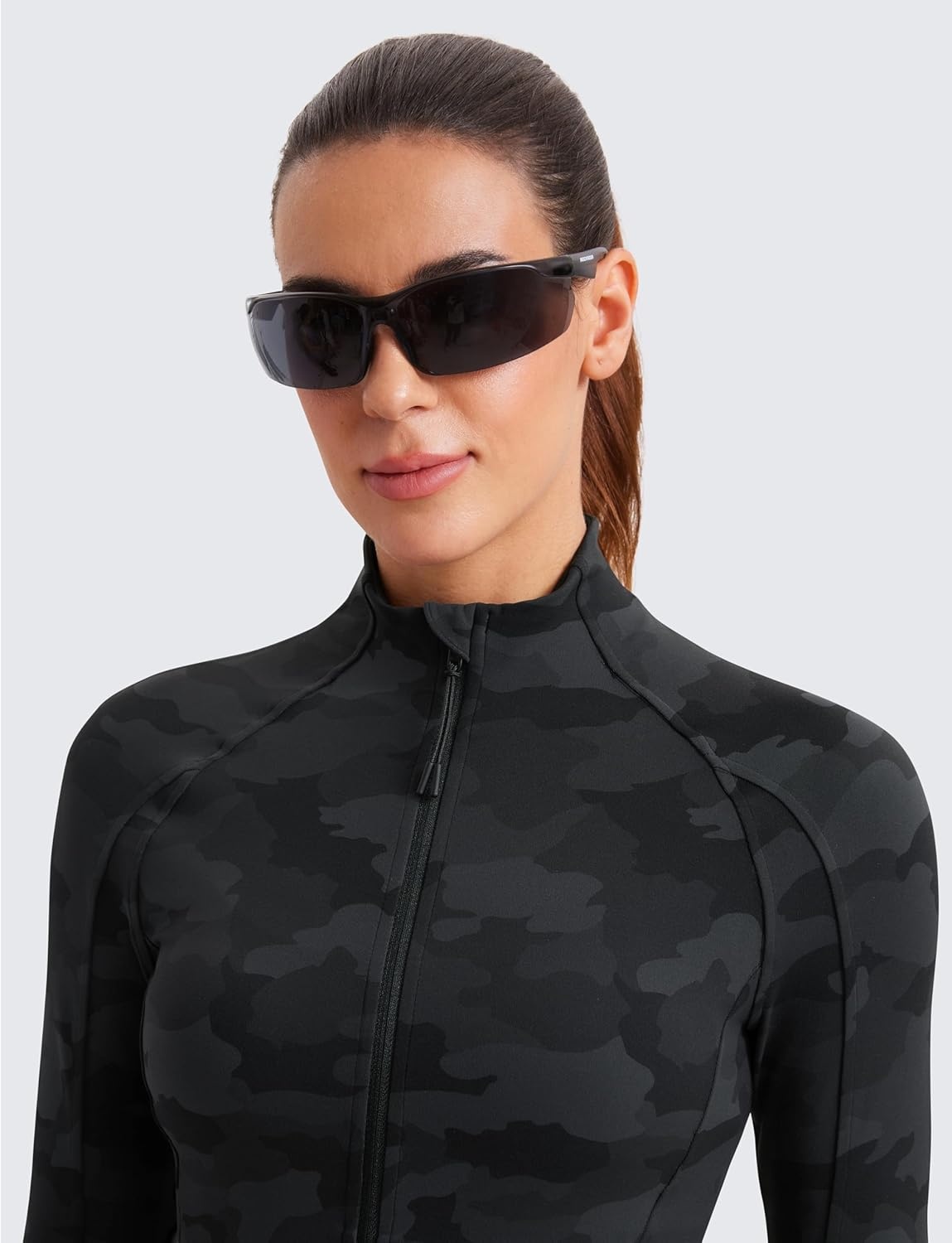 image:imageCRZ YOGA Butterluxe Waist Length Jackets for Women Full Zip Athletic Track Tops with Thumb Holes PocketsDark Grey Camouflage 2