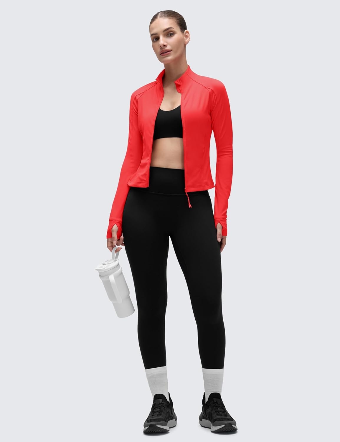 image:imageCRZ YOGA Butterluxe Waist Length Jackets for Women Full Zip Athletic Track Tops with Thumb Holes PocketsDeep Red