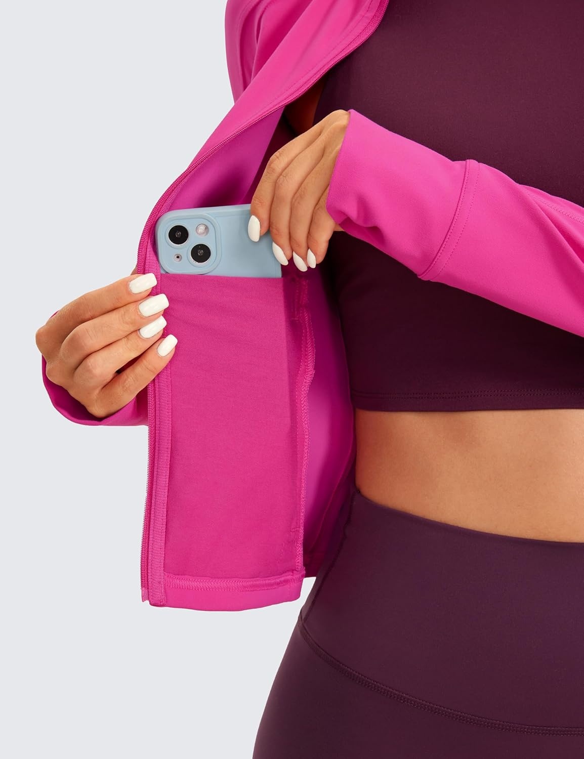 image:imageCRZ YOGA Butterluxe Waist Length Jackets for Women Full Zip Athletic Track Tops with Thumb Holes PocketsHibiscus Purple