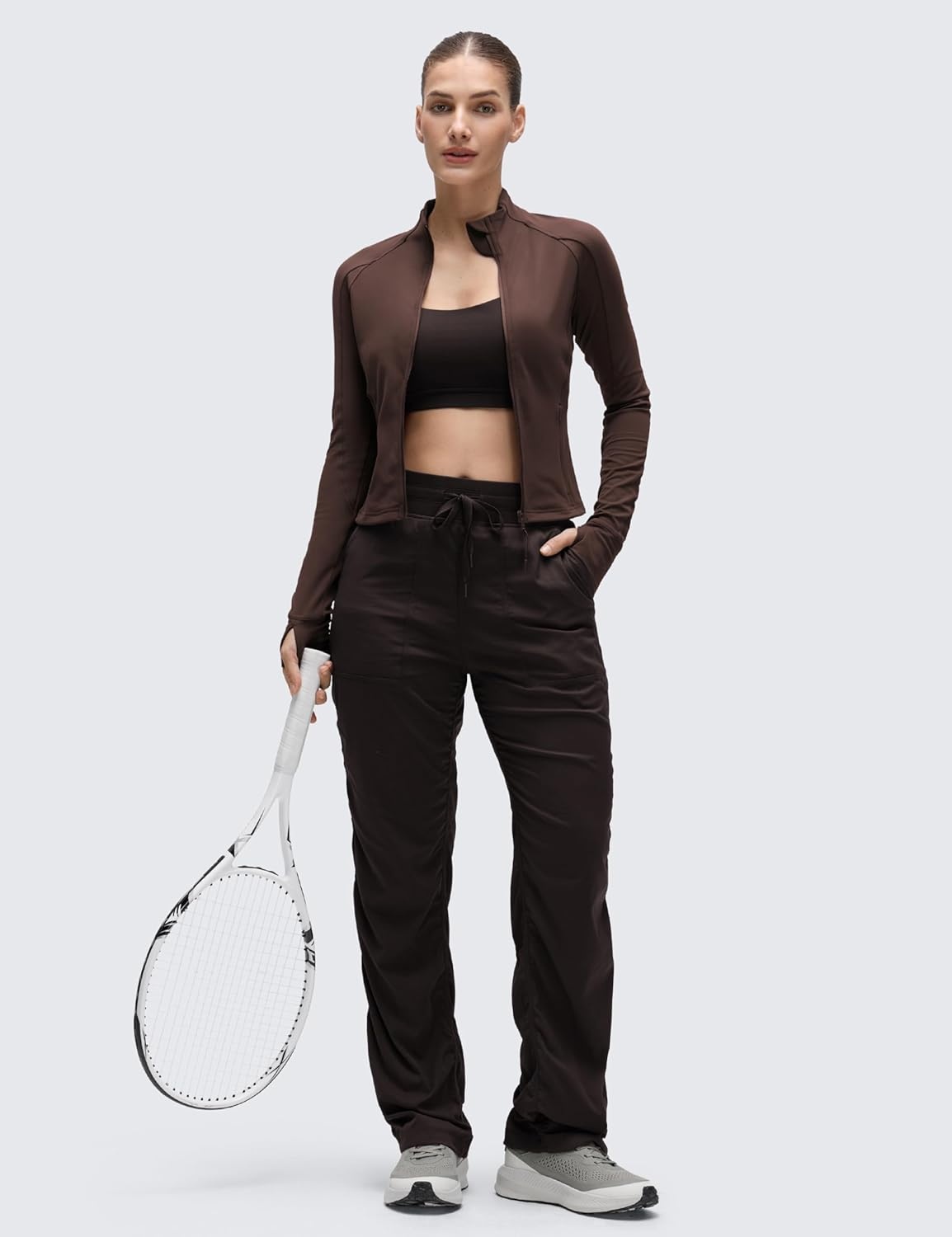 image:imageCRZ YOGA Butterluxe Waist Length Jackets for Women Full Zip Athletic Track Tops with Thumb Holes PocketsHot Fudge Brown