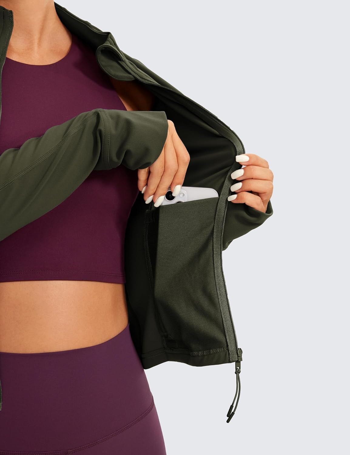 image:imageCRZ YOGA Butterluxe Waist Length Jackets for Women Full Zip Athletic Track Tops with Thumb Holes PocketsOlive Green