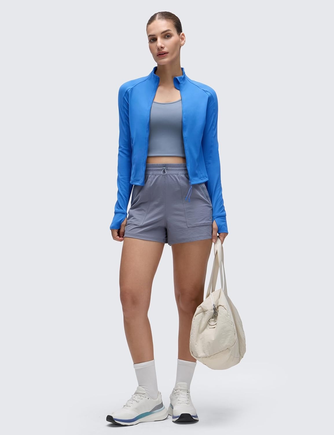 image:imageCRZ YOGA Butterluxe Waist Length Jackets for Women Full Zip Athletic Track Tops with Thumb Holes PocketsSparkle Blue