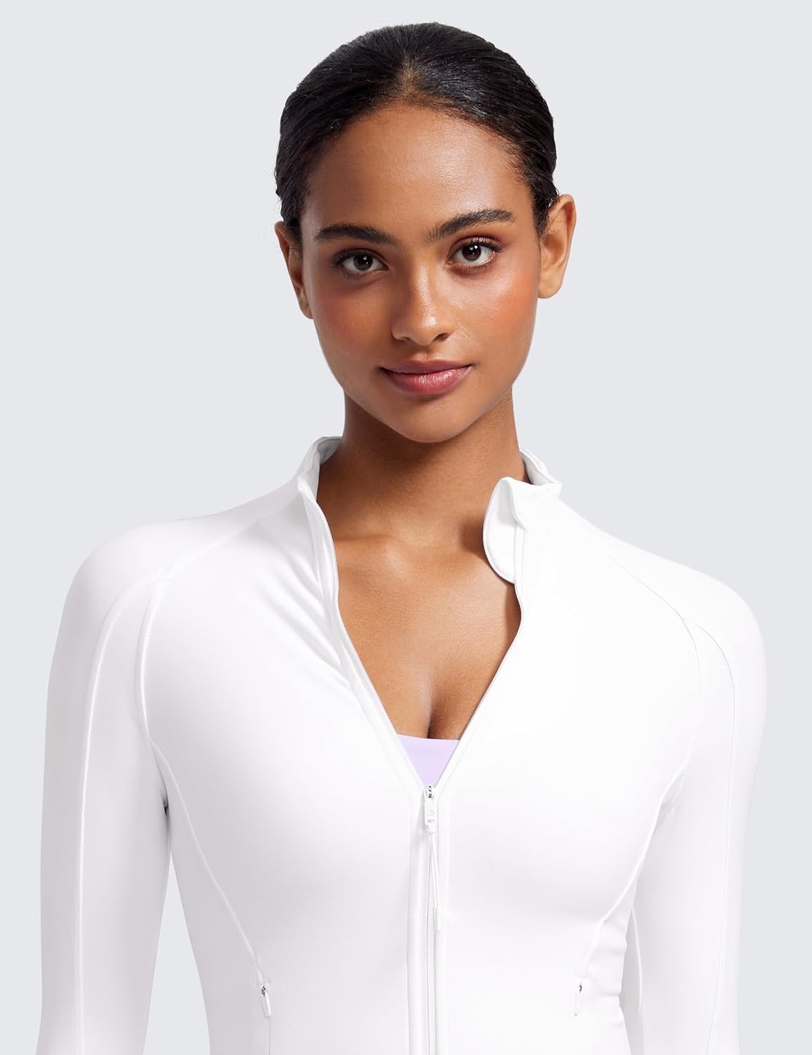 image:imageCRZ YOGA Butterluxe Waist Length Jackets for Women Full Zip Athletic Track Tops with Thumb Holes PocketsWhite