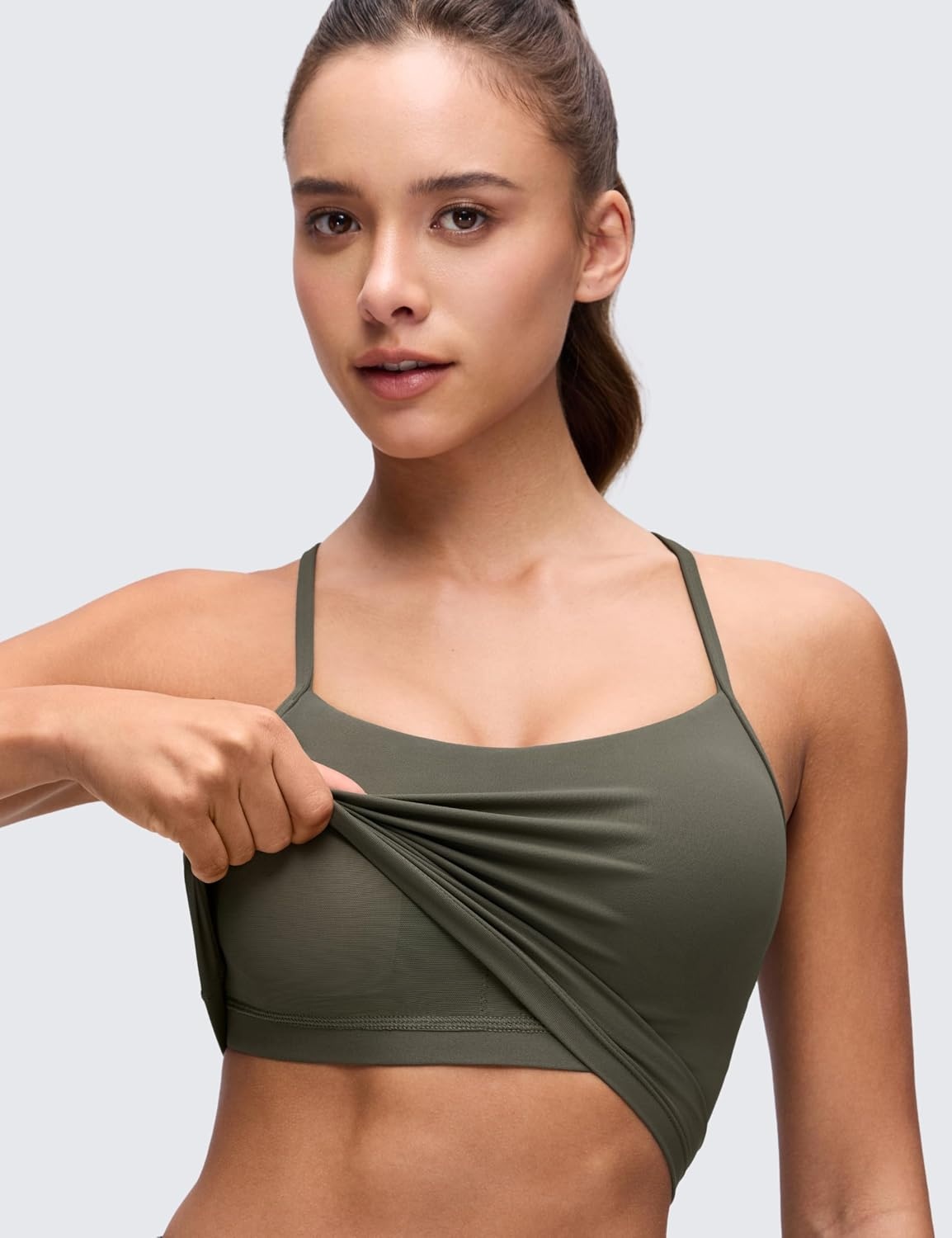image:imageCRZ YOGA Butterluxe Y Back Crop Tank Tops for Women Spaghetti Straps Racerback Padded Yoga Workout Longline Sports BrasLight Army Green