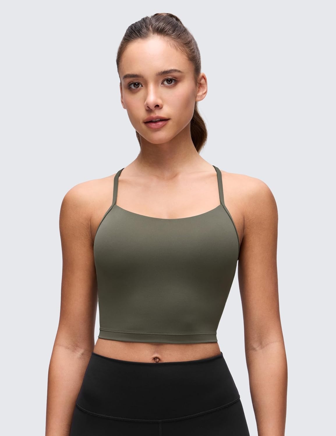 image:imageCRZ YOGA Butterluxe Y Back Crop Tank Tops for Women Spaghetti Straps Racerback Padded Yoga Workout Longline Sports BrasLight Army Green