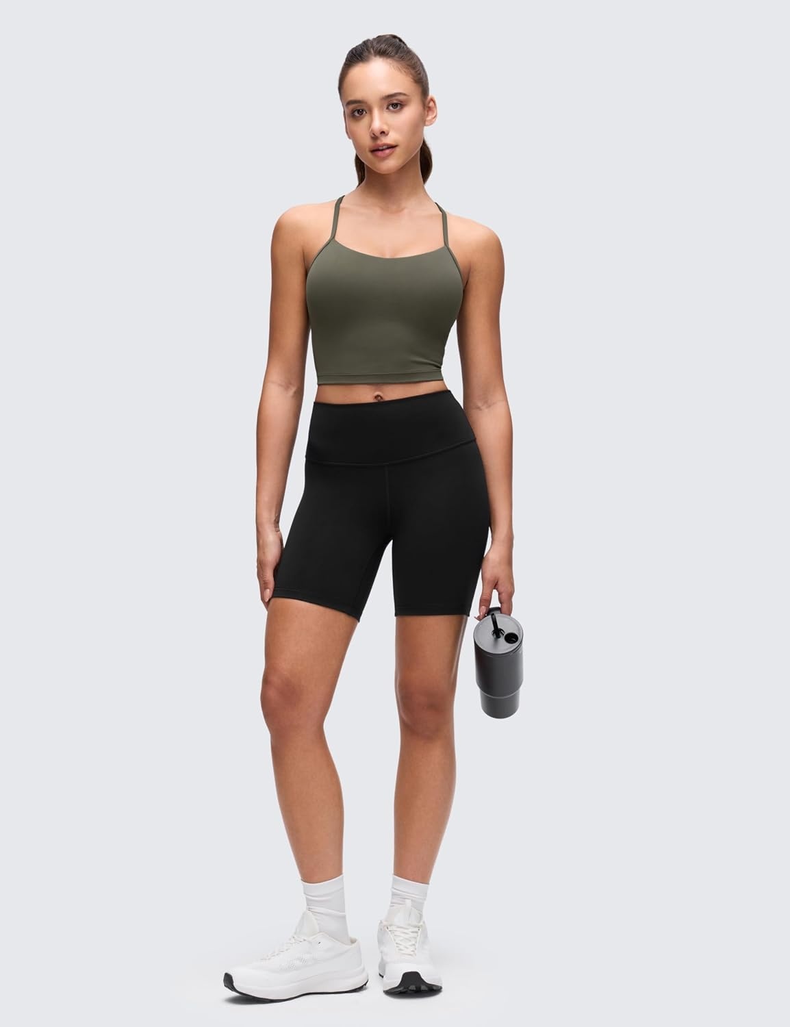 image:imageCRZ YOGA Butterluxe Y Back Crop Tank Tops for Women Spaghetti Straps Racerback Padded Yoga Workout Longline Sports BrasLight Army Green