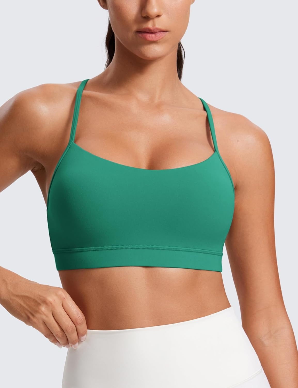 image:imageCRZ YOGA Butterluxe Y Back Sports Bras for Women Padded Racerback Low Impact Spaghetti Thin Strap Workout Yoga TopCascadia Green