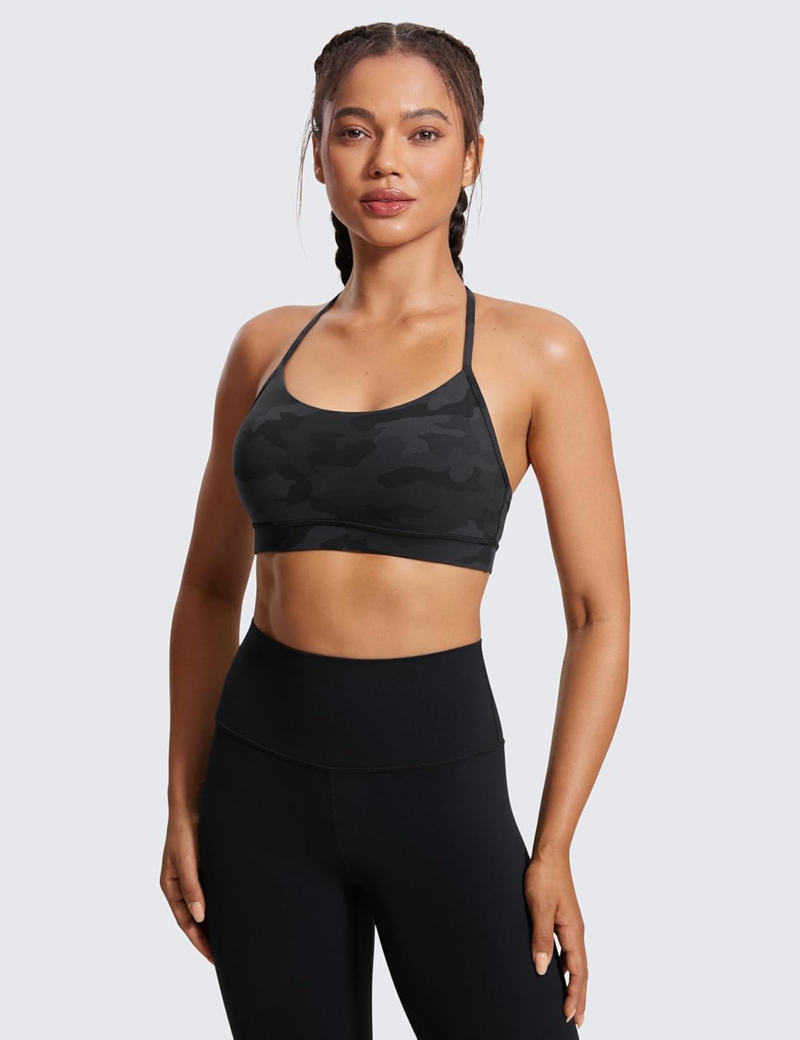 image:imageCRZ YOGA Butterluxe Y Back Sports Bras for Women Padded Racerback Low Impact Spaghetti Thin Strap Workout Yoga TopDark Grey Camouflage 2