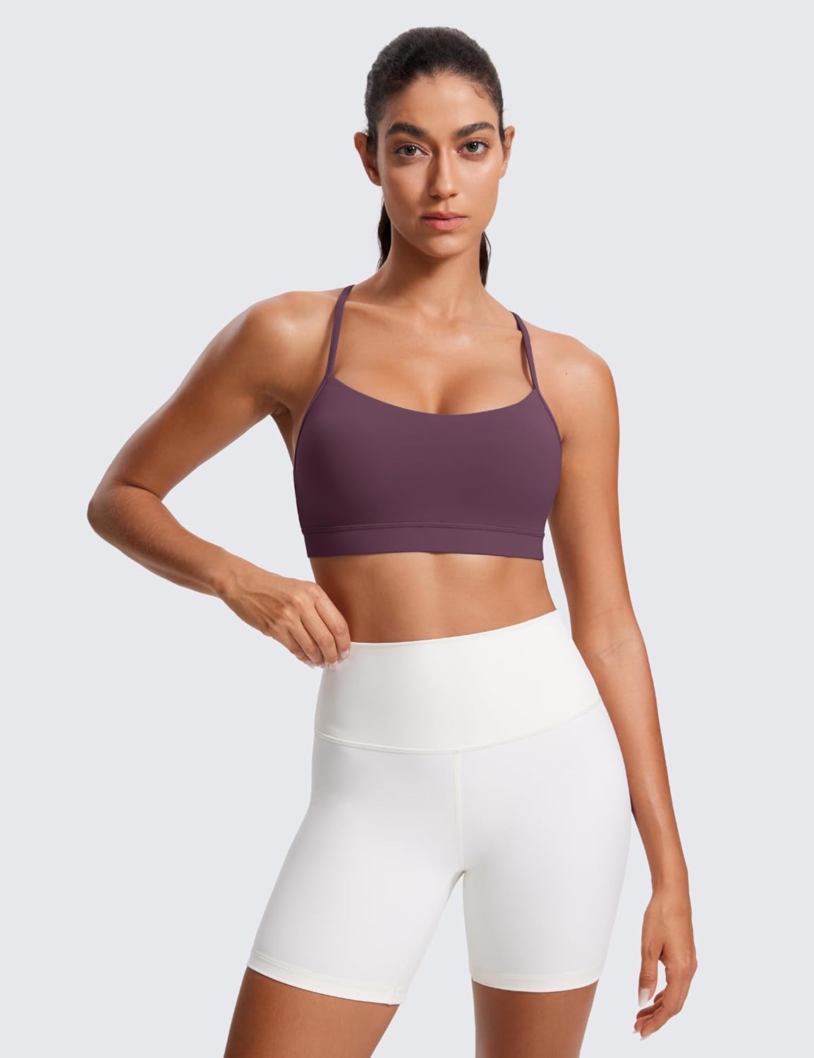 image:imageCRZ YOGA Butterluxe Y Back Sports Bras for Women Padded Racerback Low Impact Spaghetti Thin Strap Workout Yoga TopGrape Thistle Purple