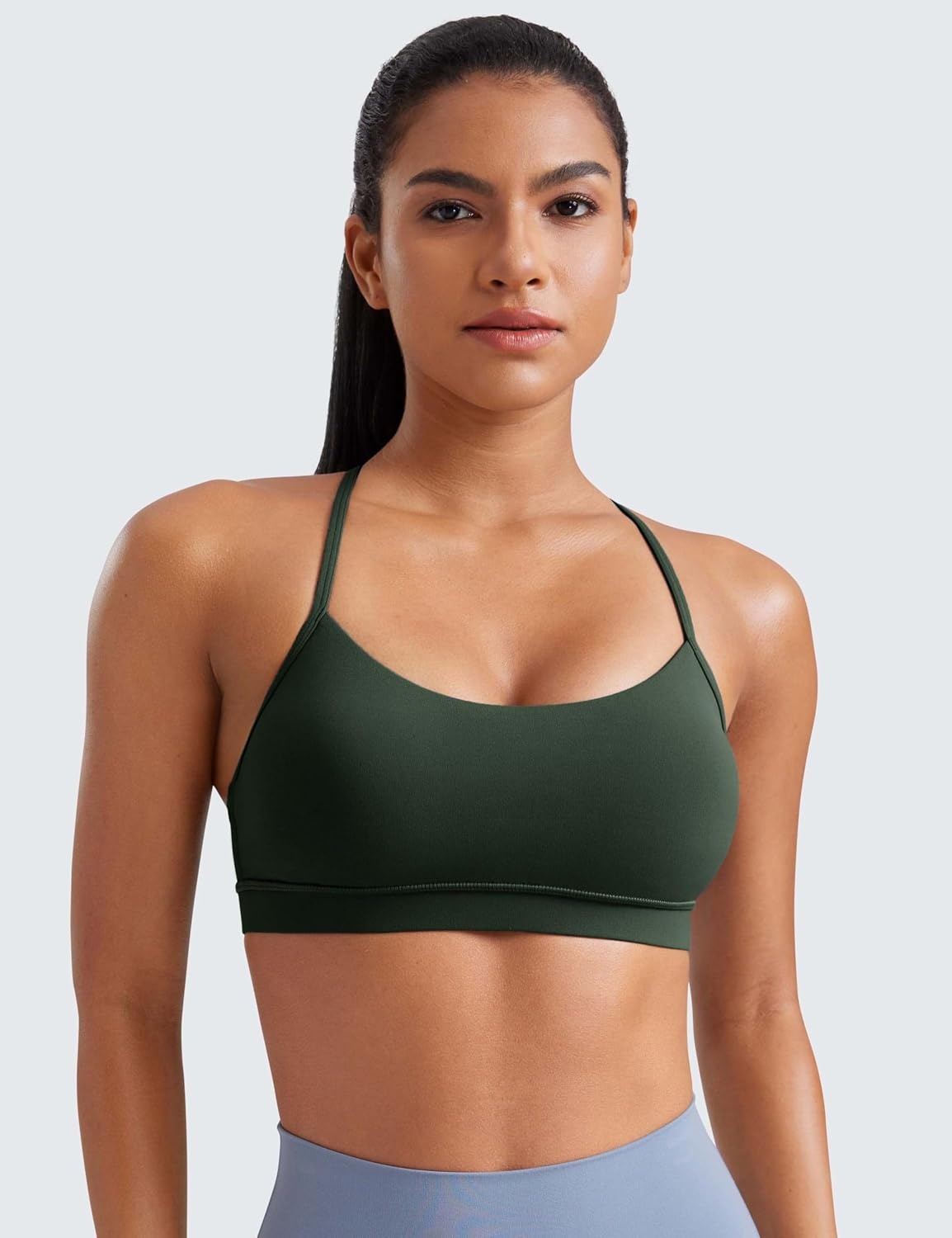 image:imageCRZ YOGA Butterluxe Y Back Sports Bras for Women Padded Racerback Low Impact Spaghetti Thin Strap Workout Yoga TopLegend Green