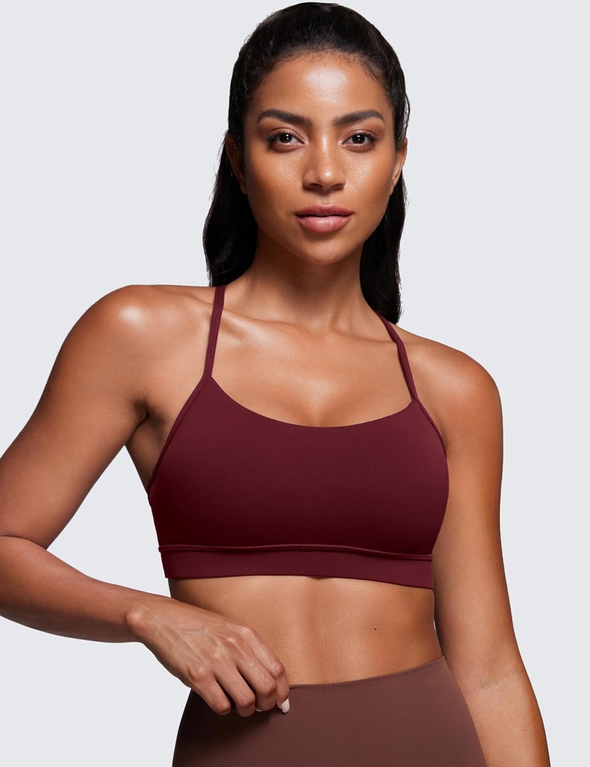 image:imageCRZ YOGA Butterluxe Y Back Sports Bras for Women Padded Racerback Low Impact Spaghetti Thin Strap Workout Yoga TopRed Merlot