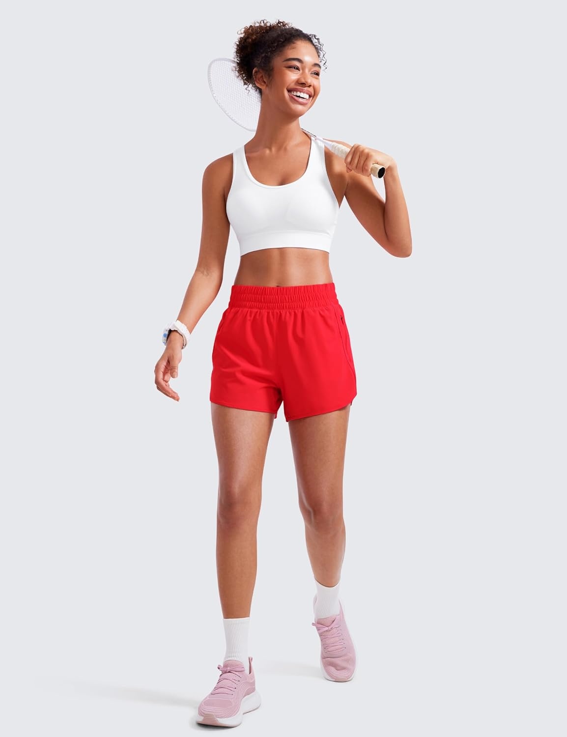 image:imageCRZ YOGA Dolphin Athletic Shorts for Women 3 High Waisted Quick Dry for Running Workout Gym Track with Zip PocketDeep Red