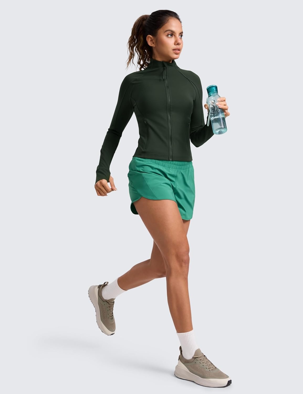 image:imageCRZ YOGA Dolphin Athletic Shorts for Women 5 Mid Waisted Quick Dry for Running Workout Gym Track with Zip PocketCascadia Green